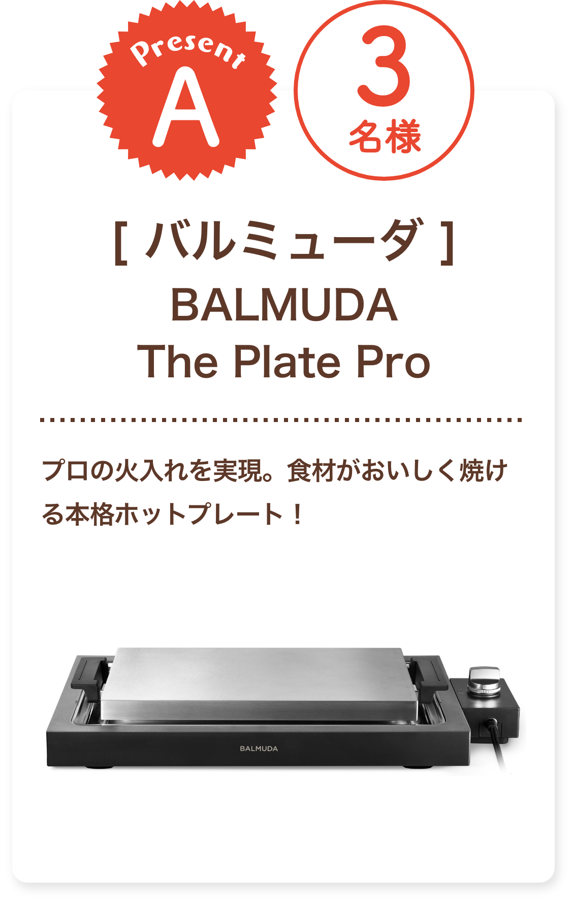 A賞:バルミューダ 「BALMUDA The Plate Pro」3名様