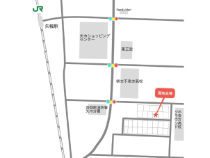 不来方高校グラウンドの隣の分譲地が会場です。マップの星印を目指してご来場ください！