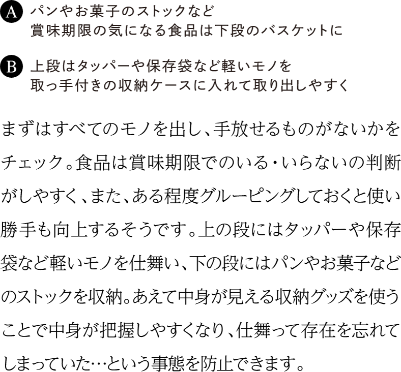 まずはすべてのモノを出し、手放せるものがないかをチェック。食品は賞味期限でのいる・いらないの判断がしやすく、また、ある程度グルーピングしておくと使い勝手も向上するそうです。上の段にはタッパーや保存袋など軽いモノを仕舞い、下の段にはパンやお菓子などのストックを収納。あえて中身が見える収納グッズを使うことで中身が把握しやすくなり、仕舞って存在を忘れてしまっていた⋯という事態を防止できます。