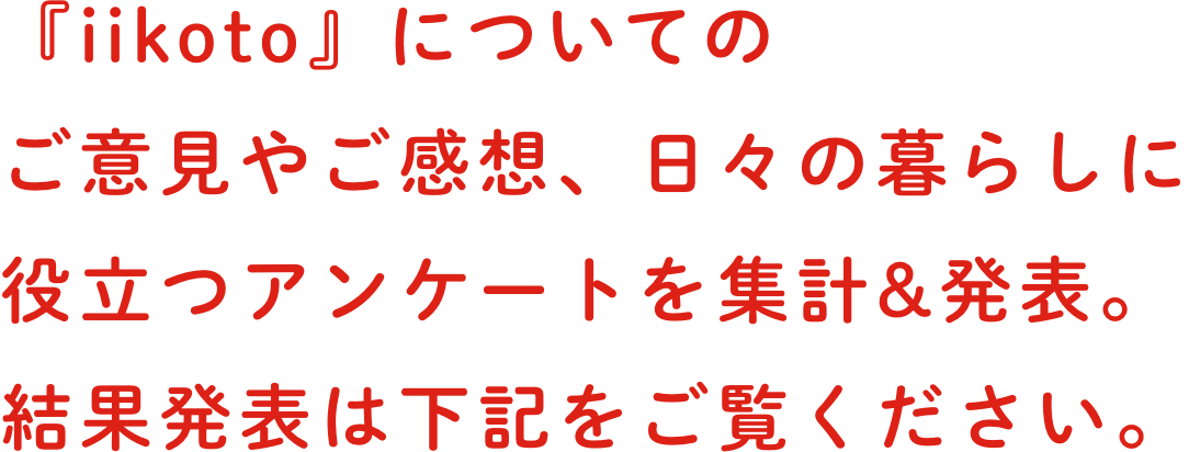 『iikoto』についてのご意⾒やご感想、⽇々の暮らしに役⽴つアンケートを集計&発表。結果発表は下記をご覧ください。