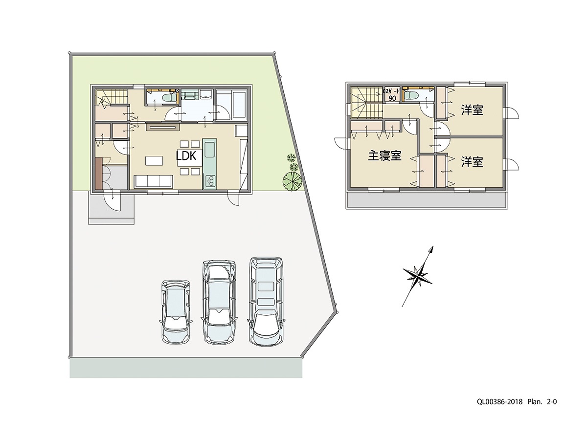 昭和町国母駅前 土地 区画番号No.3 「忙しい奥様におすすめ！家事楽プラン」 <br>建物タイプ:ｉ－ｓｍｉｌｅⅡ/延床面積:90.82㎡(27.46坪) <br>建物本体価格(参考):1,916万円(税込み)<br>