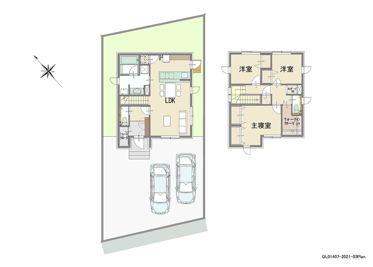 江別市野幌寿町 土地 区画番号No.2 「無駄のないコンパクトプラン」 <br>建物タイプ:ｉ－ｓｍａｒｔⅡ/延床面積:97.54㎡(29.5坪) <br>建物本体価格(参考):2,437万円(税込み)<br>