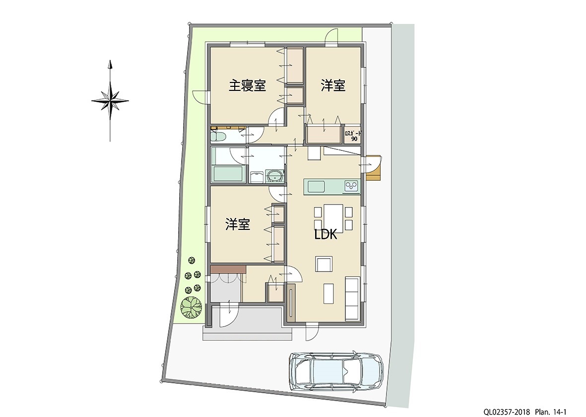 アイタウン西脇市和田町 土地 区画番号No.14 「叶えたいが詰まった大満足プラン」 <br>建物タイプ:ｉ－ｓｍｉｌｅⅡ/延床面積:90.45㎡(27.36坪) <br>建物本体価格(参考):2,127万円(税込み)<br>