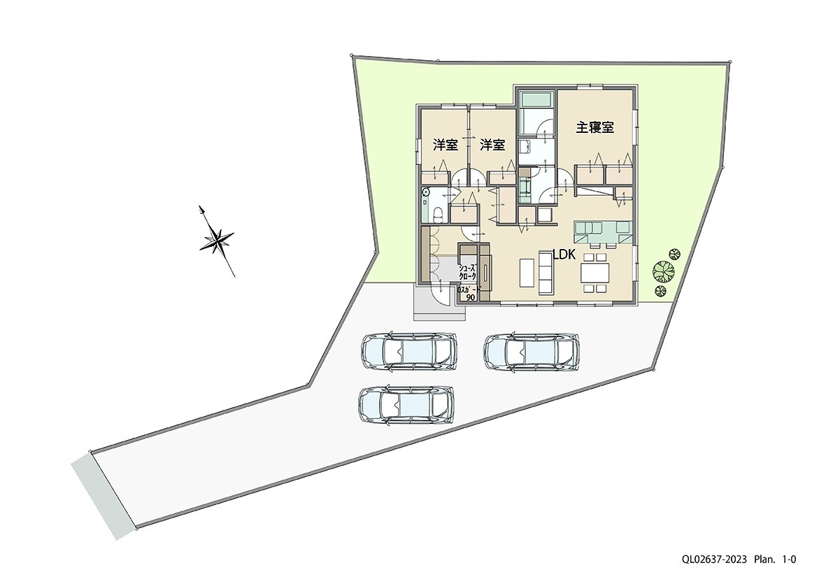 （仮称）長崎市上戸石地区開発 土地 区画番号No.38 「憧れの平屋で大空間LDKと充実の収納力！！」 <br>建物タイプ:グラン・スマート/延床面積:95.42㎡(28.86坪) <br>建物本体価格(参考):2,503万円(税込み)<br>