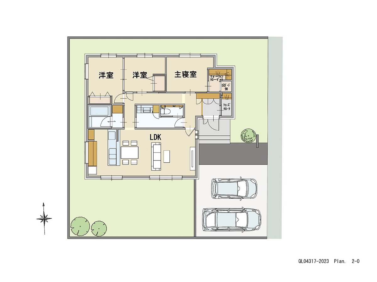 イイコトテラス下稲吉 土地 区画番号No.22 「動線スッキリの回遊プラン」 <br>建物タイプ:グラン・スマート/延床面積:86.73㎡(26.23坪) <br>建物本体価格(参考):2,395万円(税込み)<br>