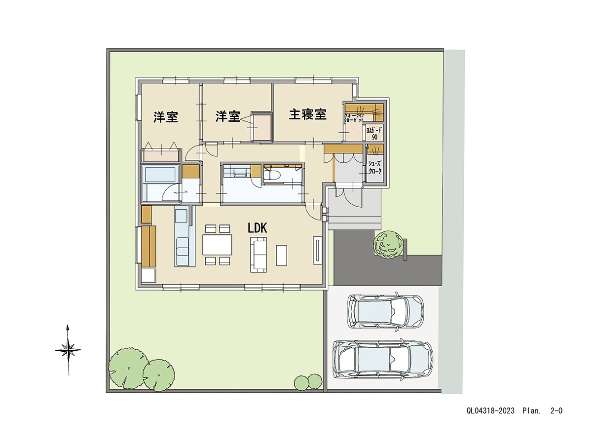 イイコトテラス下稲吉 土地 区画番号No.23 「動線スッキリの回遊プラン」 <br>建物タイプ:グラン・スマート/延床面積:86.73㎡(26.23坪) <br>建物本体価格(参考):2,395万円(税込み)<br>