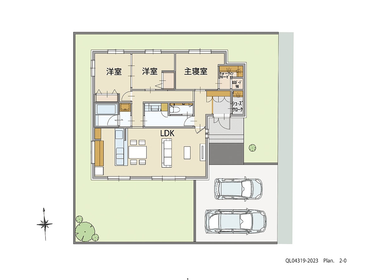 イイコトテラス下稲吉 土地 区画番号No.24 「動線スッキリの回遊プラン」 <br>建物タイプ:グラン・スマート/延床面積:86.73㎡(26.23坪) <br>建物本体価格(参考):2,395万円(税込み)<br>