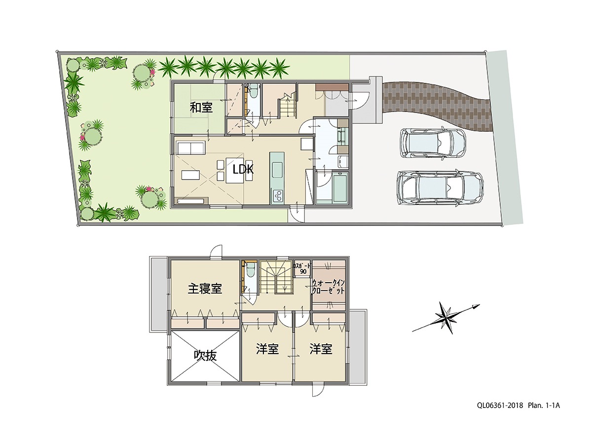 アイタウン平岡町一色西 土地 区画番号No.2-3 「ほしい！が詰まった大満足プラン」 <br>建物タイプ:ｉ－ｓｍｉｌｅⅡ/延床面積:107.4㎡(32.48坪) <br>建物本体価格(参考):2,298万円(税込み)<br>