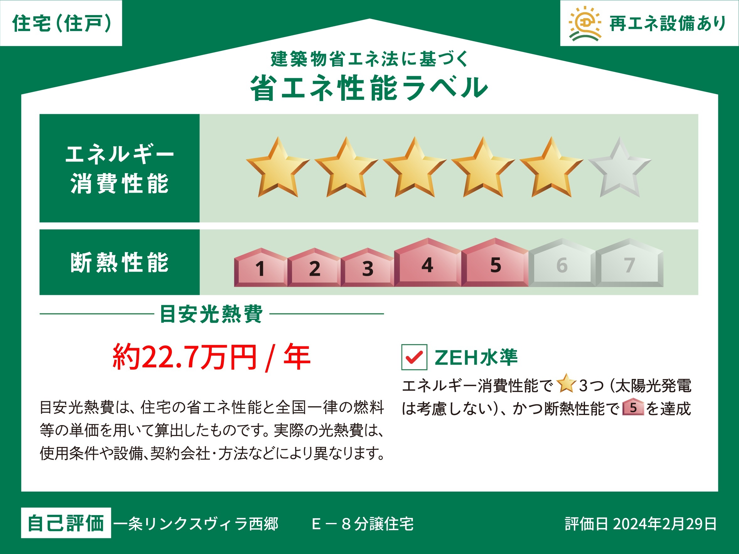 一条リンクスヴィラ西郷　 戸建 区画番号No.E-8 ZEH水準を達成した高気密・高断熱住宅です。小さなエネルギーで冷暖房でき、省エネな暮らしが実現します。