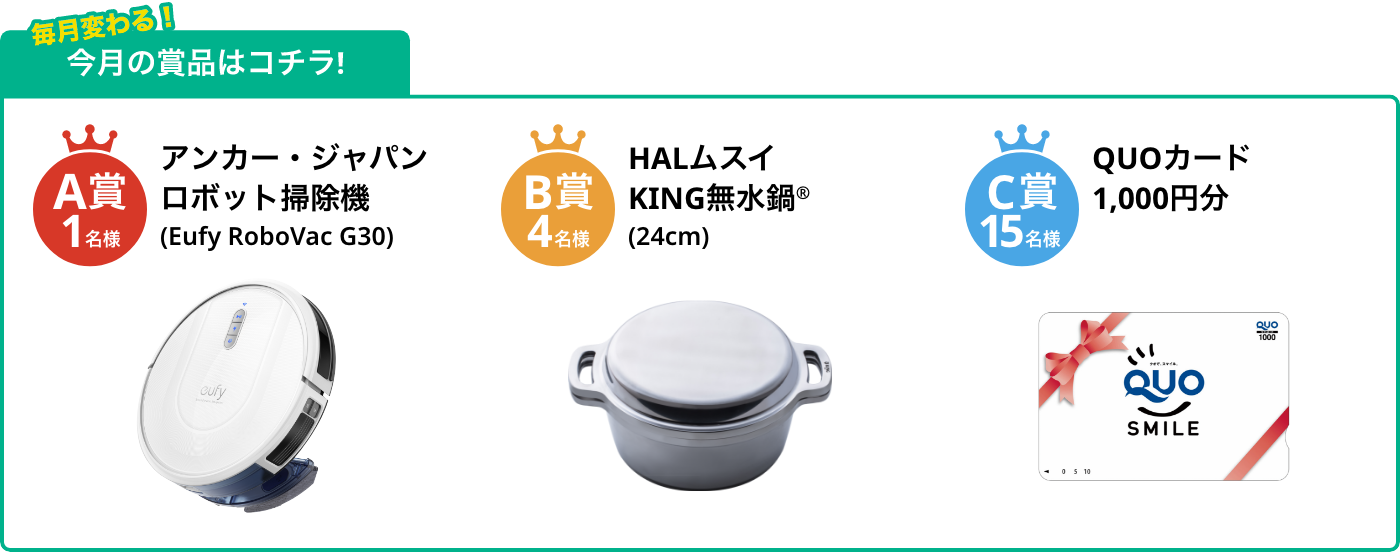 A賞1名様 ロボット掃除機(Eufy RoboVac G30) B賞4名様 KING無水鍋(R)(24cm) C賞15名様 QUOカード1,000円分