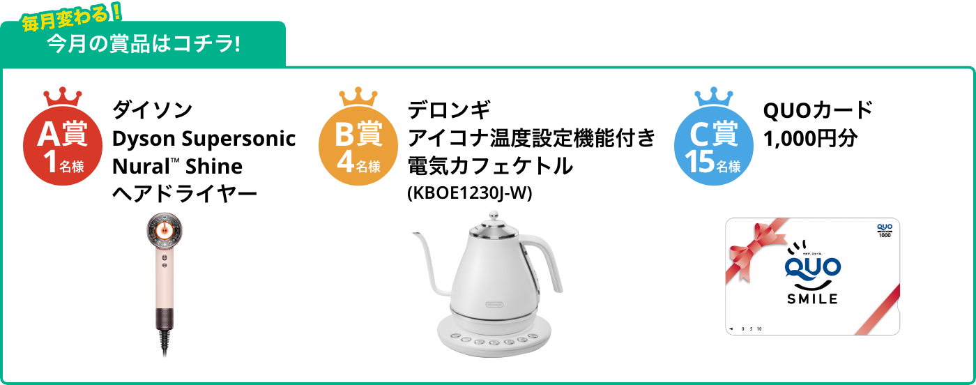 A賞1名様 Dyson Supersonic NuralTM Shine ヘアドライヤー B賞4名様 アイコナ 温度設定機能付き電気カフェケトル(KBOE1230J-W) C賞15名様 QUOカード1,000円分